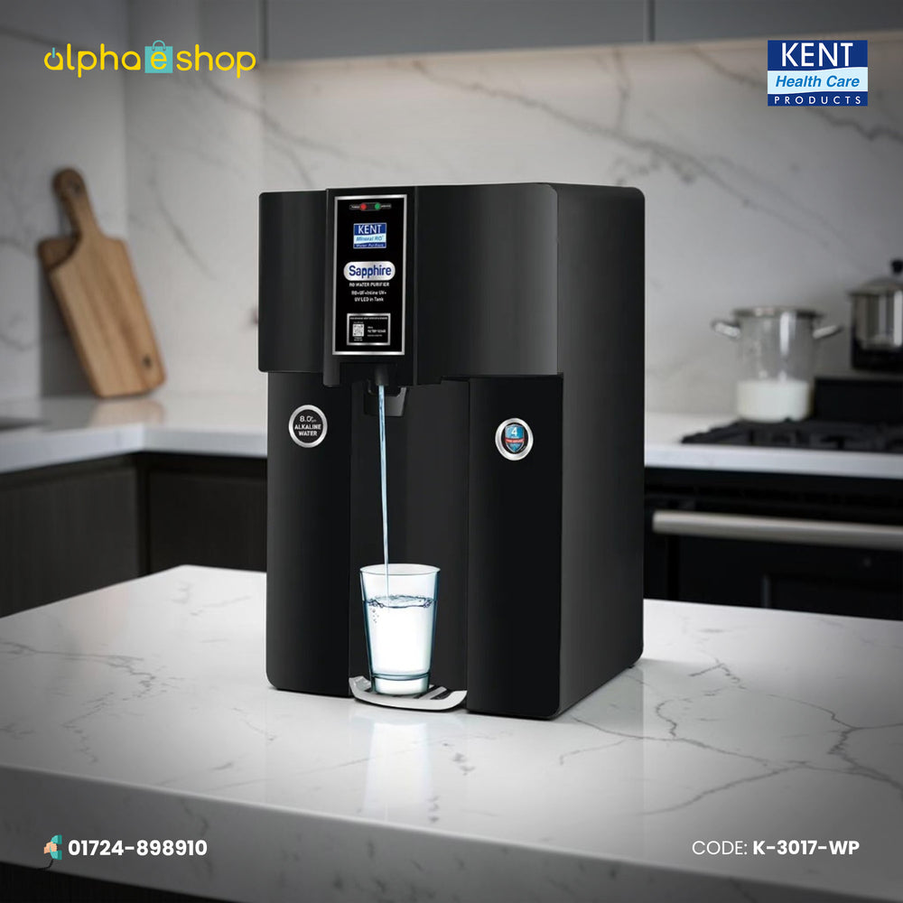 Kent Sapphire RO water purifier in black, model K-3017-WP, featuring RO+UF+UV+Alkaline technology dispensing into a glass.