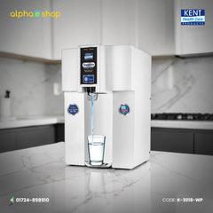 Kent Sapphire RO water purifier in white, model K-3018-WP, featuring RO+UF+UV purification technology and an 8.0 pH alkaline water dispenser.
