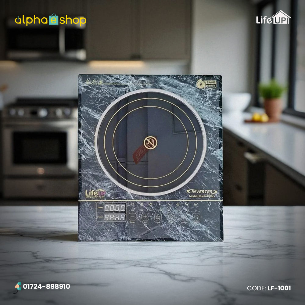 Life Up Inverter infrared cooker (LF-1001) in marble black finish, featuring digital touch controls and energy-saving technology. Available at Alphaeshop.
