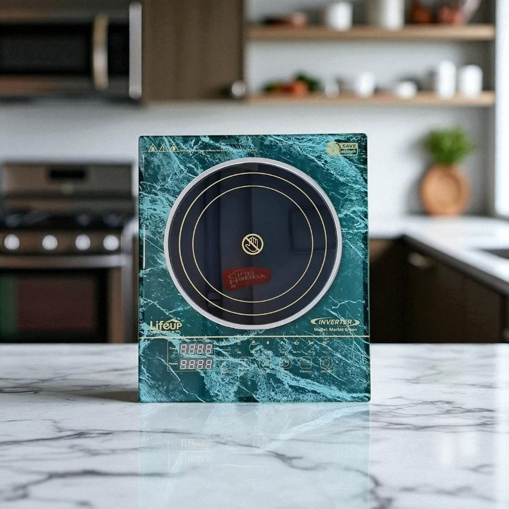 Life Up Inverter infrared cooker (LF-1002) featuring a marble green glass finish and digital touch controls. Available at Alphaeshop.