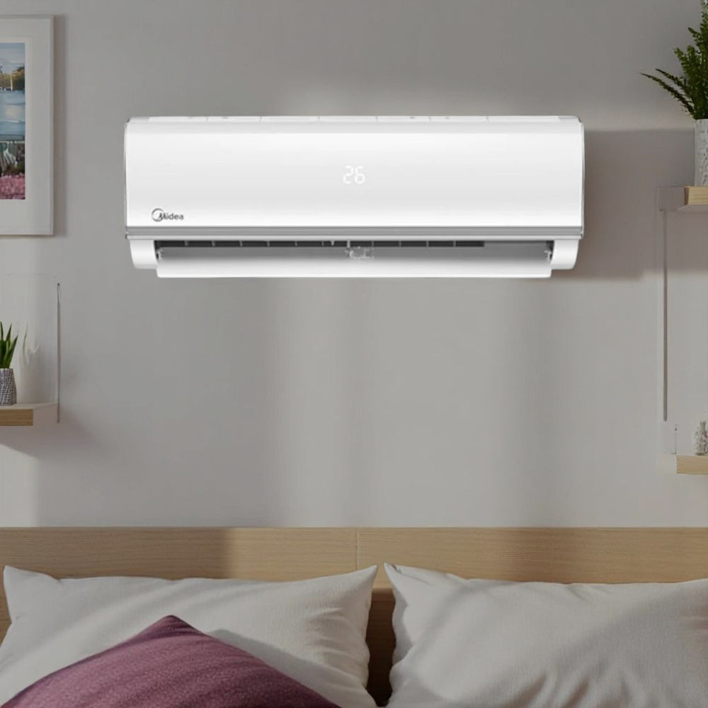 Midea Cooling 1.5 Ton inverter split type air conditioner unit in white featuring a sleek modern design and digital temperature display.