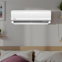 Midea Cooling 1.5 Ton inverter split type air conditioner unit in white featuring a sleek modern design and digital temperature display.