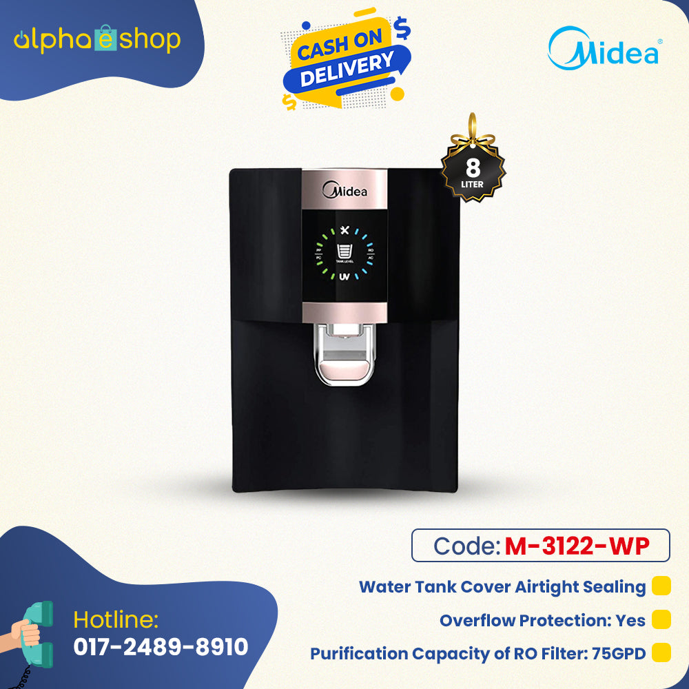 Midea 8L RO+UV water purifier banner featuring airtight sealing water tank cover, overflow protection, and 75GPD filtration capacity.