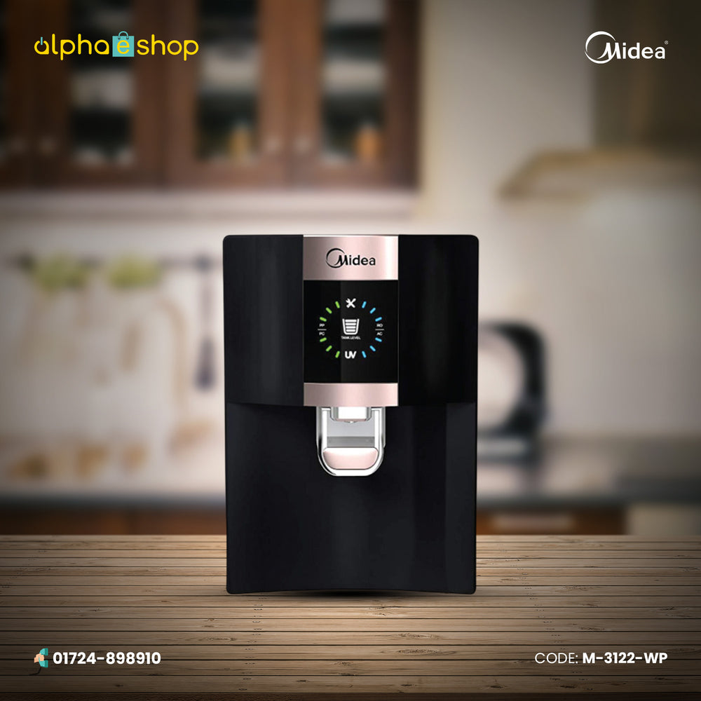 Midea 8 liter RO+UV water purifier in black featuring a circular digital status interface, rose gold accents, and a push lever water dispenser.