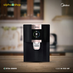Midea 8 liter RO+UV water purifier in black featuring a circular digital status interface, rose gold accents, and a push lever water dispenser.