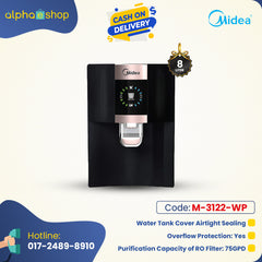 Midea 8L RO+UV water purifier banner featuring airtight sealing water tank cover, overflow protection, and 75GPD filtration capacity.
