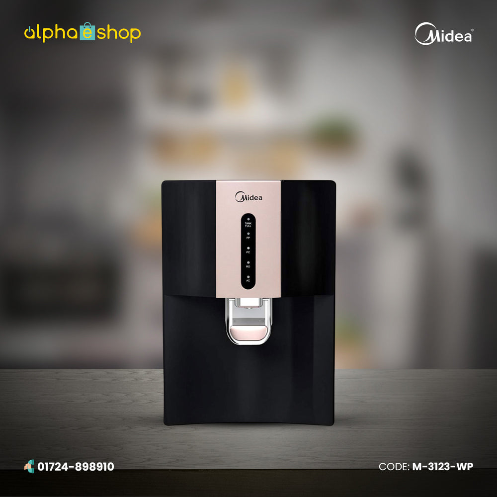 Midea 8 liter RO water purifier in black featuring a rose gold center panel, LED indicator display, and push lever water dispenser.