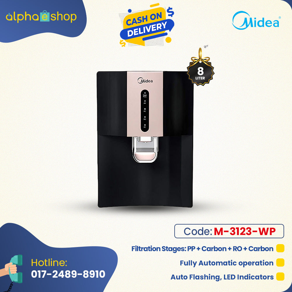 Midea 8L RO water purifier banner featuring PP, carbon, and RO filtration stages, fully automatic operation, and LED indicators.