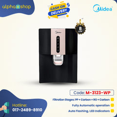 Midea 8L RO water purifier banner featuring PP, carbon, and RO filtration stages, fully automatic operation, and LED indicators.