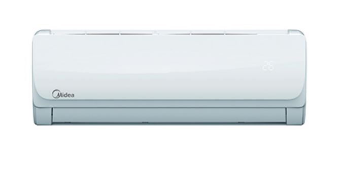 Midea 1.5 Ton non-inverter wall type split air conditioner in white with a gloss front panel, clean curved profile, and hidden temperature display.