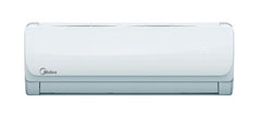 Midea 1.5 Ton non-inverter wall type split air conditioner in white with a gloss front panel, clean curved profile, and hidden temperature display.