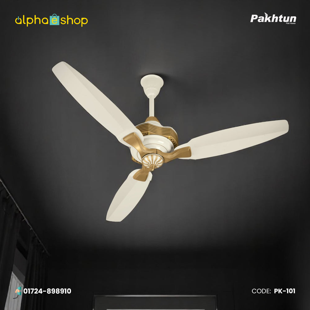 Pakhtun Khalifa 52 inch BLDC inverter ceiling fan in off-white and gold finish with premium motor trim and streamlined blades.