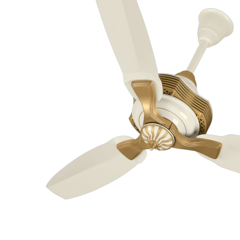 Pakhtun Khalifa 52 inch off-white gold ceiling fan banner highlighting its metallic accents and unique tiered motor trimmer housing.