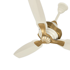 Pakhtun Khalifa 52 inch off-white gold ceiling fan banner highlighting its metallic accents and unique tiered motor trimmer housing.