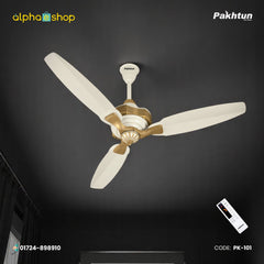 Pakhtun Khalifa 52 inch BLDC inverter ceiling fan in off-white and gold finish with premium motor trim and wireless remote control.