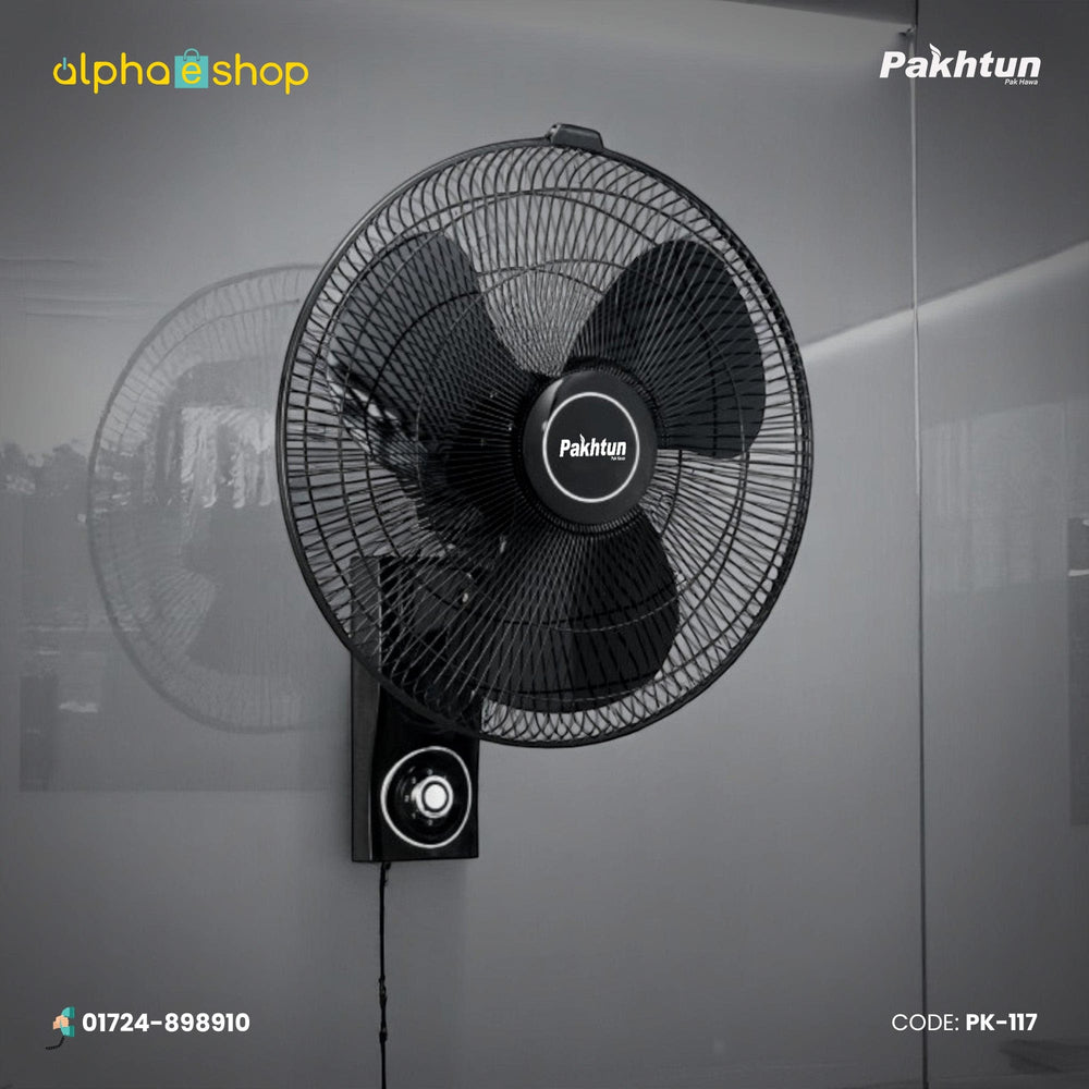 Pakhtun Khalifa 18 inch high speed wall bracket fan in black featuring 3 aerodynamic blades, wire mesh safety guard, and integrated speed controller.