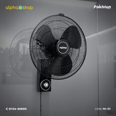 Pakhtun Khalifa 18 inch high speed wall bracket fan in black featuring 3 aerodynamic blades, wire mesh safety guard, and integrated speed controller.