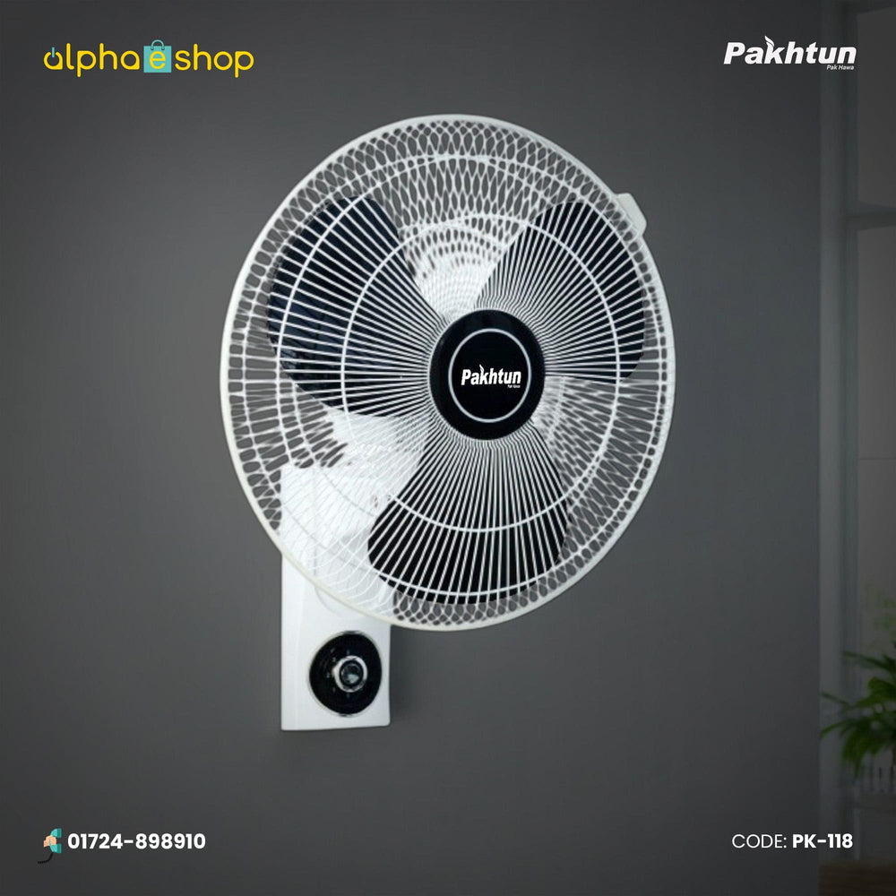 Pakhtun Khalifa 18 inch high speed wall bracket fan in white featuring 3 black blades, protective safety grill, and built-in speed control dial.