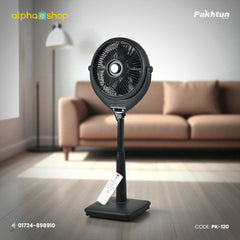 Pakhtun 14-Inch High Speed Pedestal Stand Fan in black, featured in PK-120_458bcf88-74f1-4070-8445-3319708fe819.jpg, includes remote control and louvered design.
