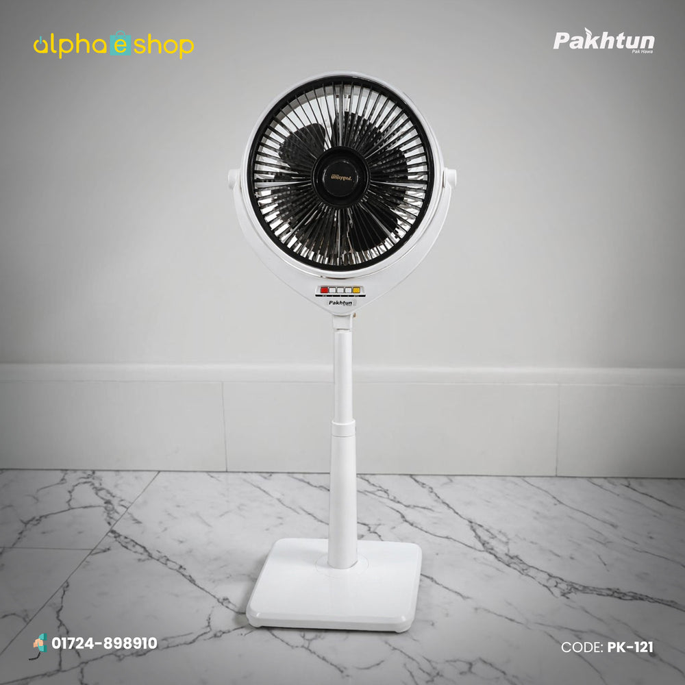 Pakhtun Louver 14 inch high speed pedestal stand fan in white and black, model PK-121, featuring control buttons and adjustable stand.