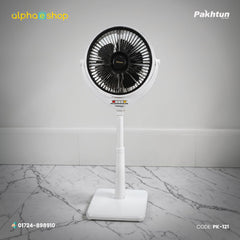 Pakhtun Louver 14 inch high speed pedestal stand fan in white and black, model PK-121, featuring control buttons and adjustable stand.