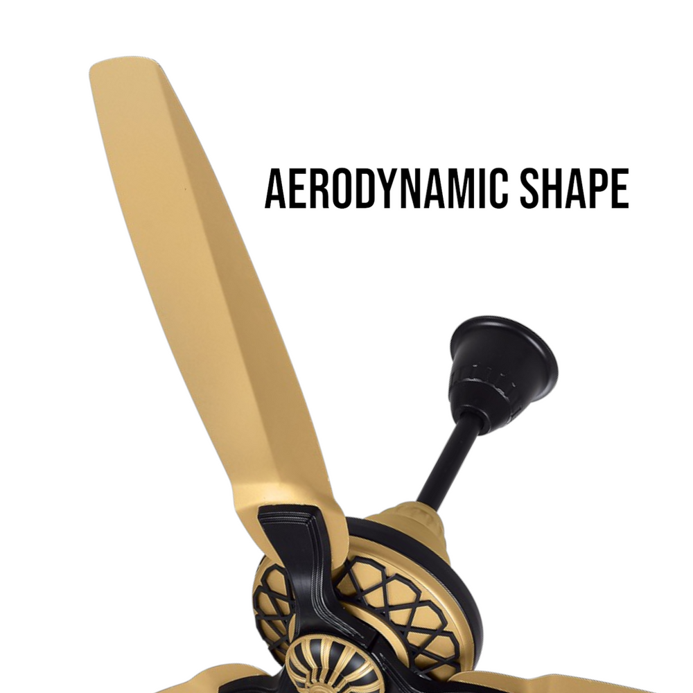 Pakhtun Pasha 52 inch golden black ceiling fan close-up banner highlighting its premium aerodynamic shape blades and lattice motor hub.