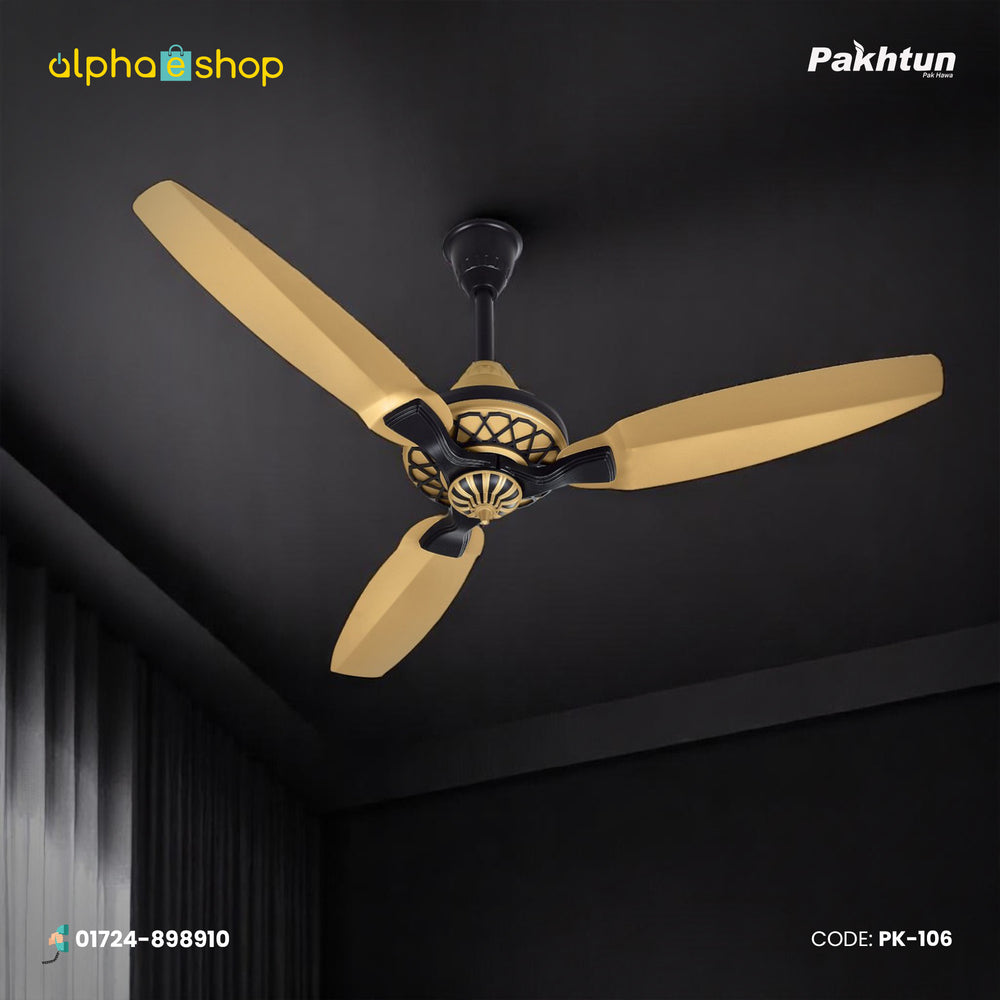 Pakhtun Pasha 52 inch BLDC inverter ceiling fan in golden and black finish with decorative lattice motor housing and streamlined blades.