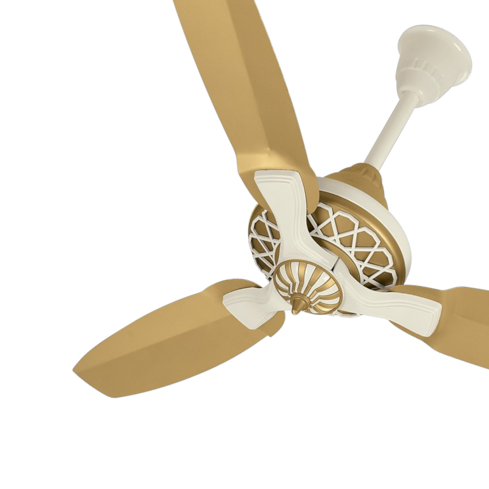 Pakhtun Pasha 52 inch golden off-white ceiling fan banner highlighting its intricate lattice pattern motor casing design.