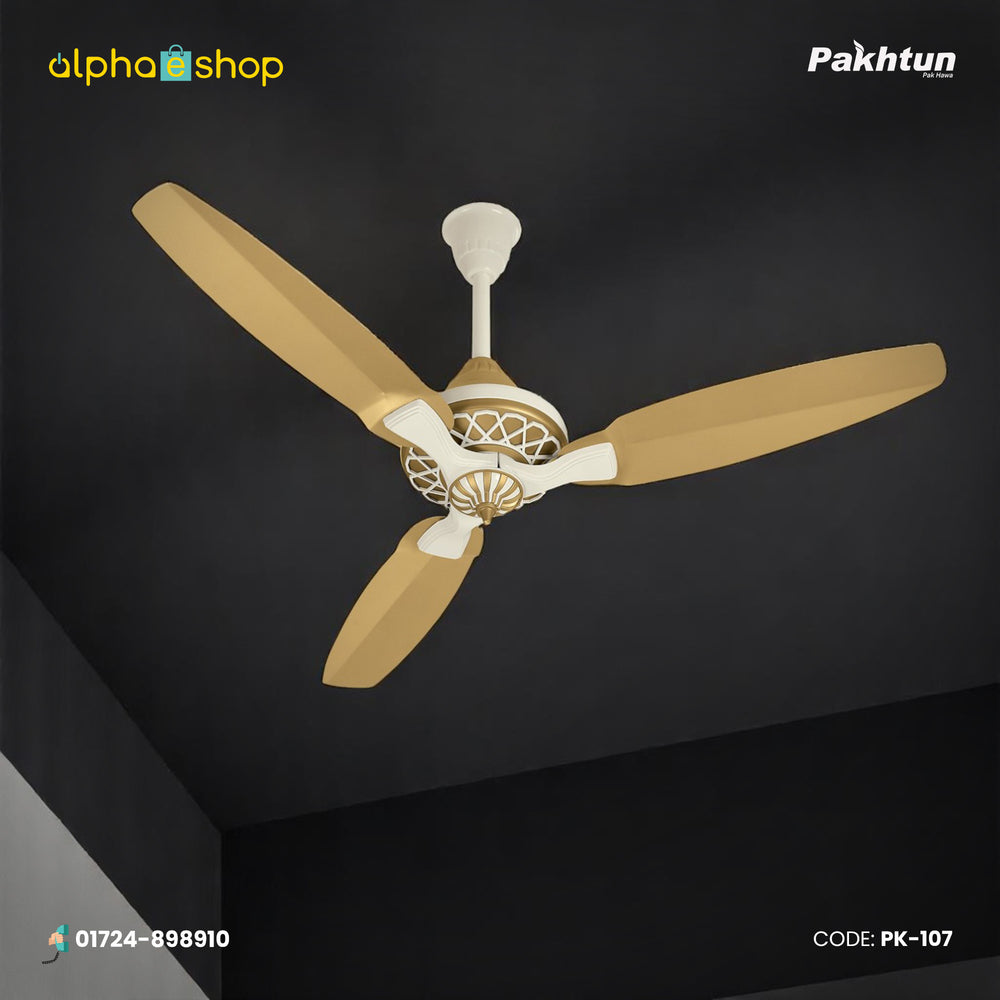 Pakhtun Pasha 52 inch BLDC inverter ceiling fan in golden and off-white finish with decorative motor housing and wireless remote control.