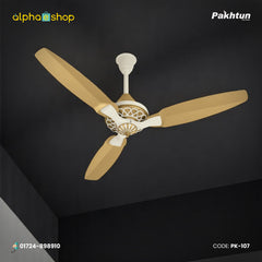 Pakhtun Pasha 52 inch BLDC inverter ceiling fan in golden and off-white finish with decorative motor housing and wireless remote control.