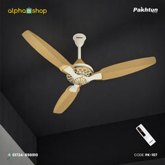 Pakhtun Pasha 52 inch BLDC inverter ceiling fan in golden and off-white finish with decorative motor housing and wireless remote control.
