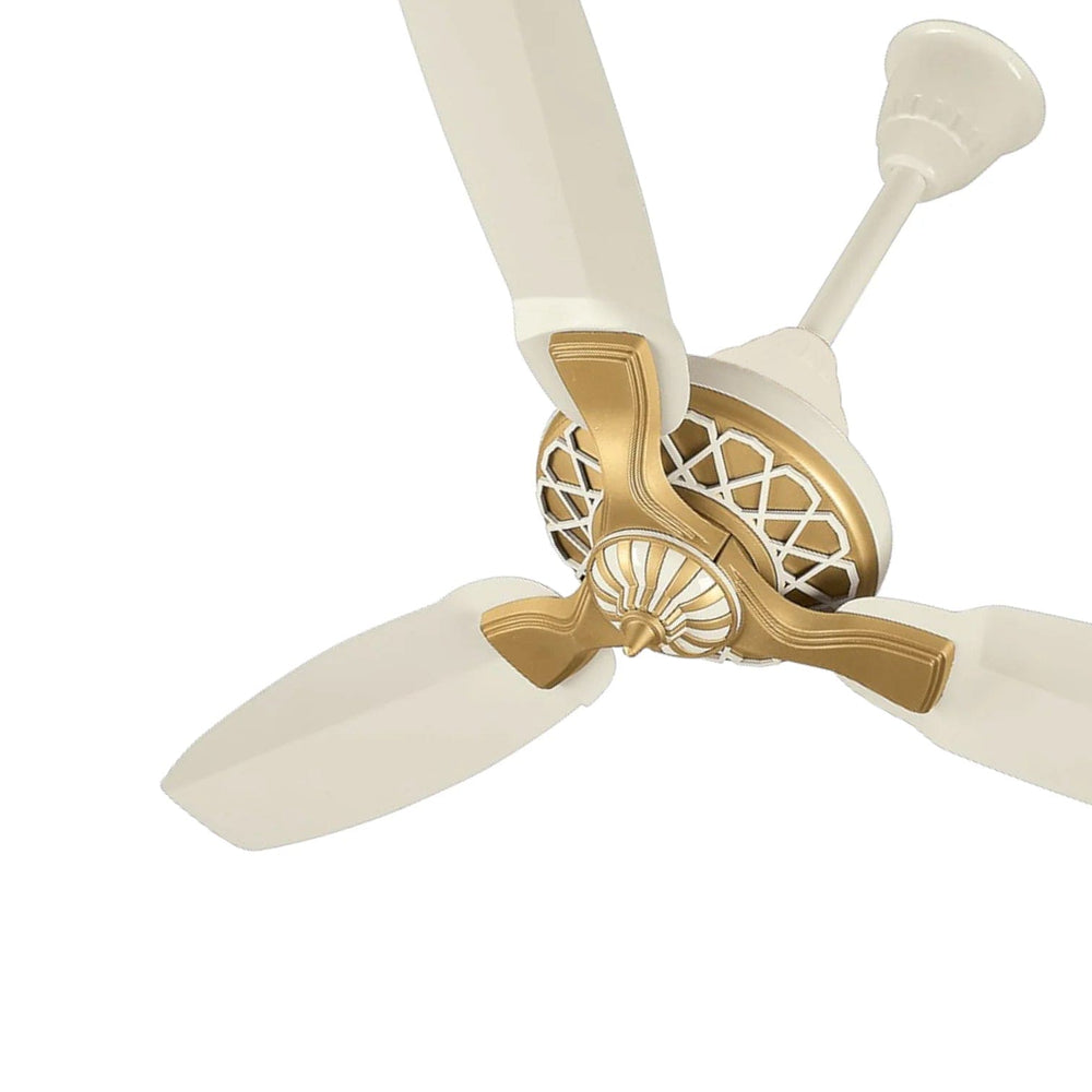 Pakhtun Pasha 52 inch offwhite golden ceiling fan banner highlighting its decorative golden lattice trim and ornate central motor housing.