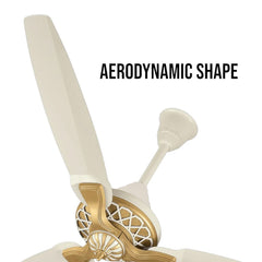 Pakhtun Pasha 52 inch offwhite golden ceiling fan close-up banner highlighting its premium aerodynamic shape blade and golden lattice motor hub.