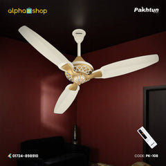 Pakhtun Pasha 52 inch BLDC inverter ceiling fan in offwhite and golden finish with decorative lattice motor housing and wireless remote control.