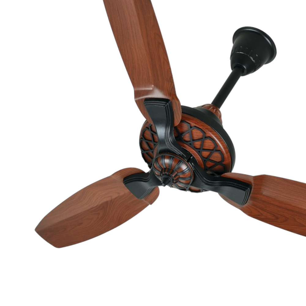 Pakhtun Pasha 52 inch dark wood ceiling fan banner highlighting its wood grain finish blades and decorative black lattice geometric motor housing.