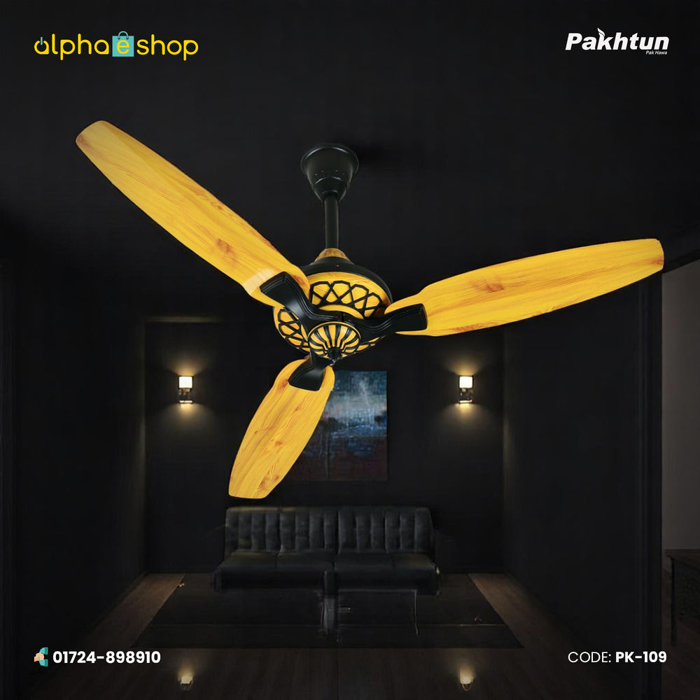 Pakhtun Pasha Premium 52 inch BLDC inverter ceiling fan in light wood finish with black lattice motor housing and streamlined blades.