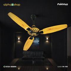 Pakhtun Pasha Premium 52 inch BLDC inverter ceiling fan in light wood finish with black lattice motor housing and streamlined blades.