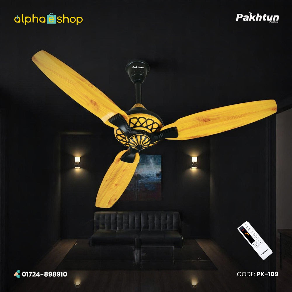 Pakhtun Pasha Premium 52 inch BLDC inverter ceiling fan in light wood finish with black lattice motor housing and wireless remote control.