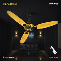Pakhtun Pasha Premium 52 inch BLDC inverter ceiling fan in light wood finish with black lattice motor housing and wireless remote control.