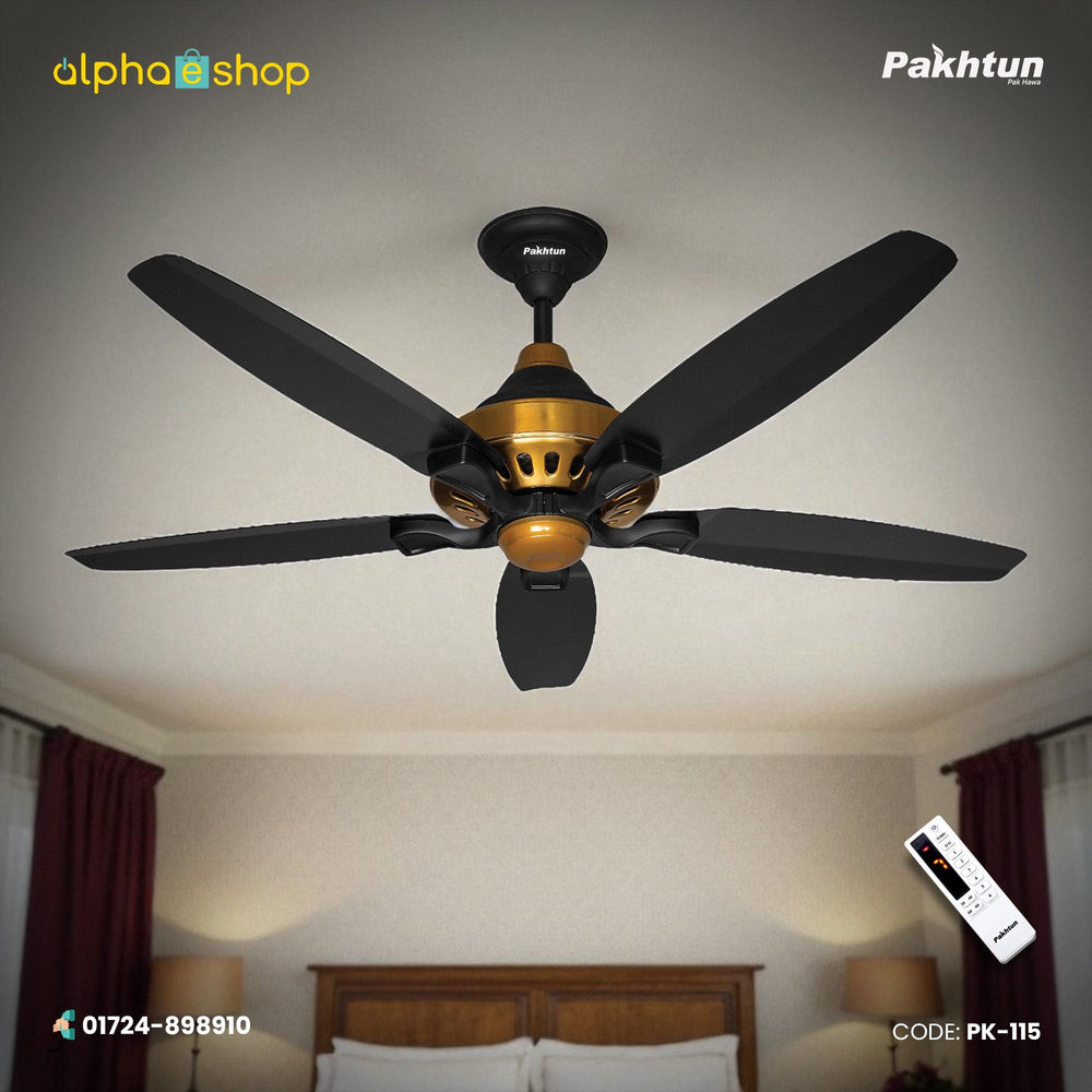 Pakhtun Penta-10 56 inch BLDC inverter ceiling fan with 5 black aerodynamic blades, metallic gold motor accents, and wireless remote control.