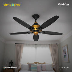 Pakhtun Penta-10 56 inch BLDC inverter ceiling fan with 5 black aerodynamic blades and a decorative gold finish central motor unit.