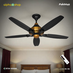 Pakhtun Penta-10 56 inch BLDC inverter ceiling fan with 5 black aerodynamic blades, metallic gold motor accents, and wireless remote control.