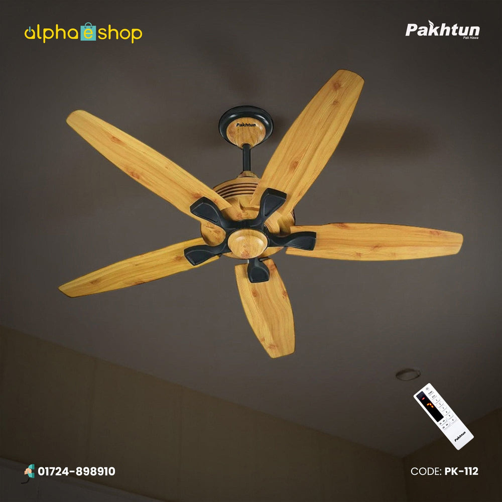 Pakhtun Penta 5 56 inch BLDC inverter ceiling fan in light wood finish featuring 5 aerodynamic blades and premium wireless remote control.