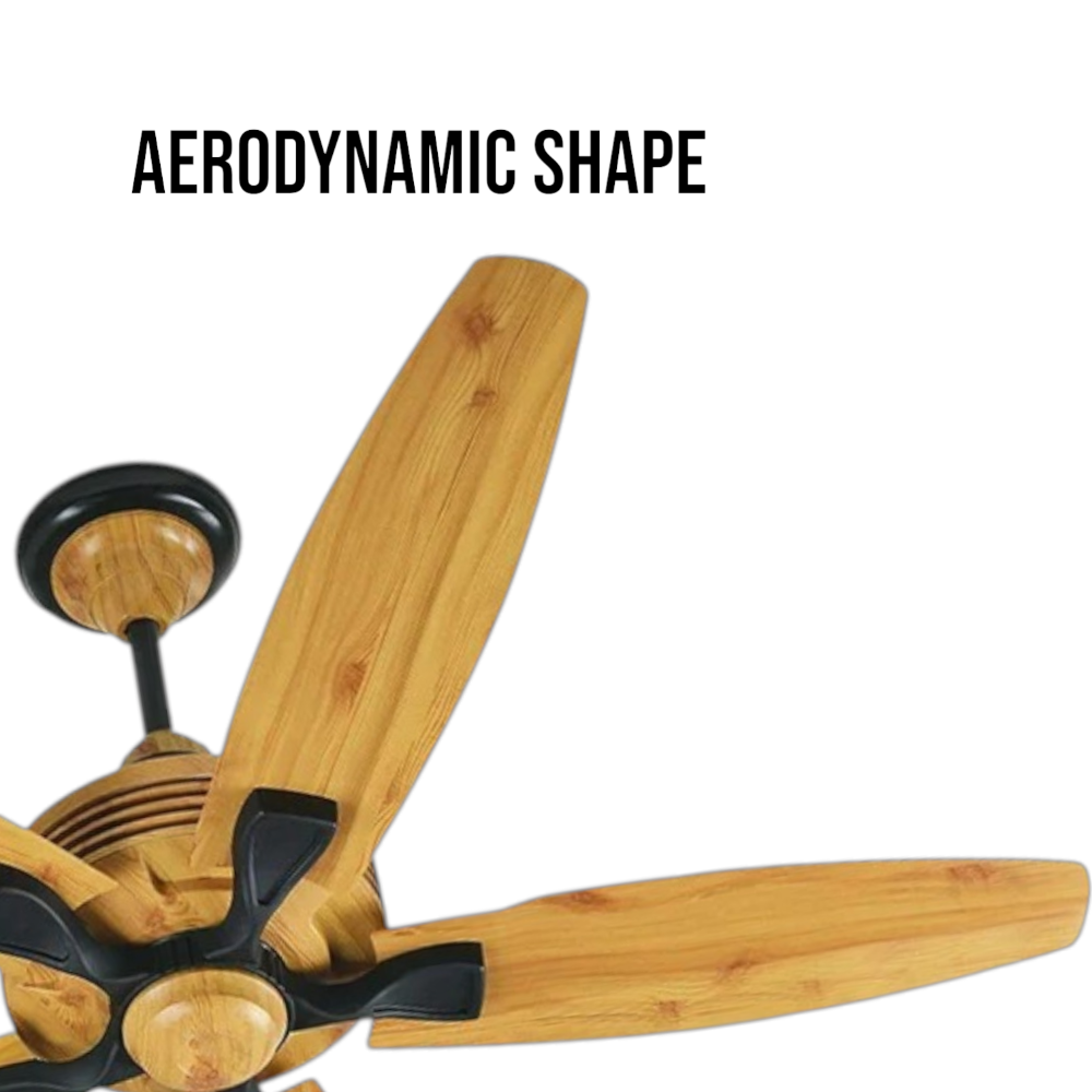 Pakhtun Penta 5 56 inch light wood ceiling fan close-up banner highlighting its premium aerodynamic shape blades and black structural brackets.