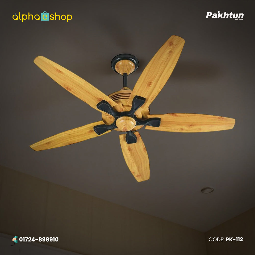 Pakhtun Penta 5 56 inch BLDC inverter ceiling fan in light wood finish featuring 5 aerodynamic blades and premium wireless remote control.