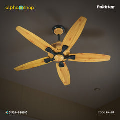 Pakhtun Penta 5 56 inch BLDC inverter ceiling fan in light wood finish featuring 5 aerodynamic blades and premium wireless remote control.