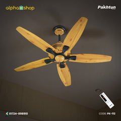 Pakhtun Penta 5 56 inch BLDC inverter ceiling fan in light wood finish featuring 5 aerodynamic blades and premium wireless remote control.