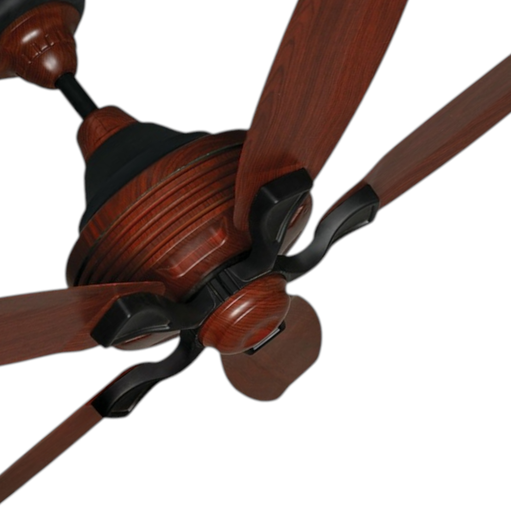 Detailed close-up view of Pakhtun Penta 5 56" BLDC ceiling fan blades and motor assembly in Dark Wood (PK-111).