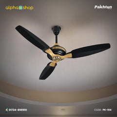 Pakhtun Sultan 52 inch BLDC inverter ceiling fan in black and beige finish with golden blade accents and streamlined blades.