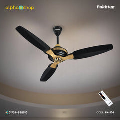 Pakhtun Sultan 52 inch BLDC inverter ceiling fan in black and beige finish with golden blade accents and wireless remote control.